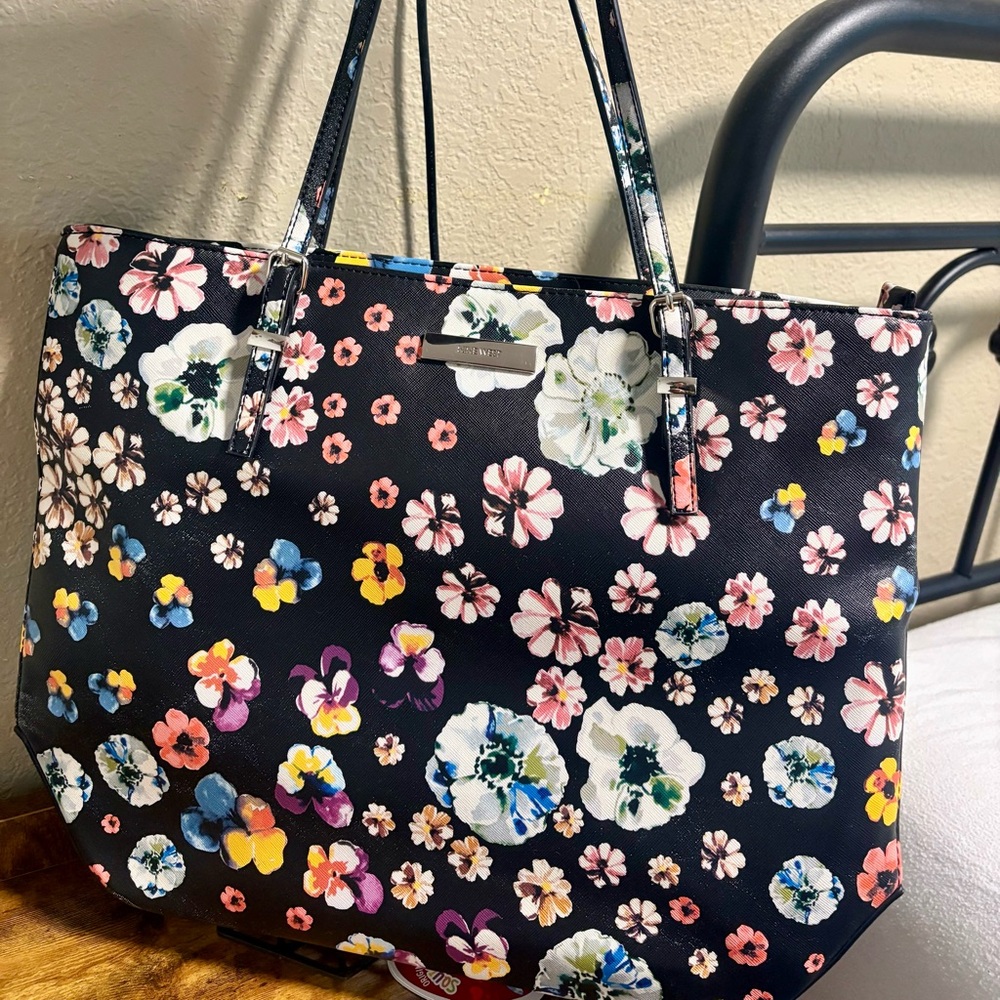 Floral Black Vinyl Carry-on Tote Bag - Picture 3 of 12